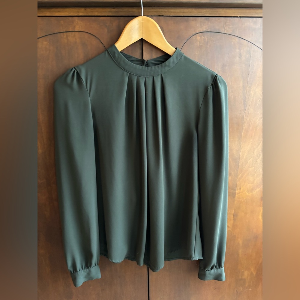 Women's Olive Green Long-Sleeve Pleated Blouse